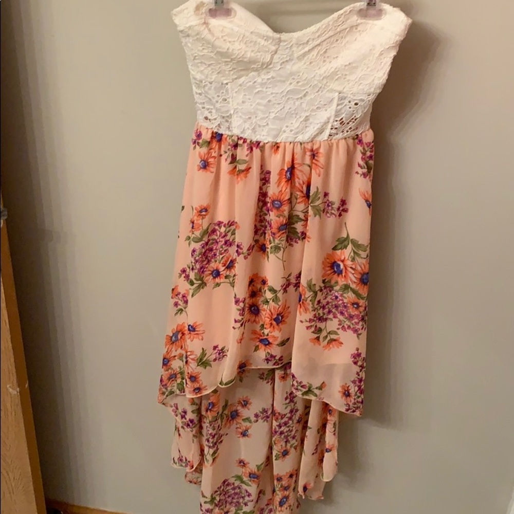 Flowered strapless high low dress